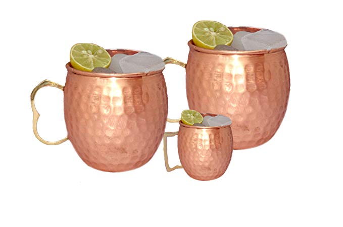 Handmade Moscow Mule 100 % Solid Pure Copper Mug /Cup (16-Ounce/Set of 2, Hammered) with BONUS Shot Glass