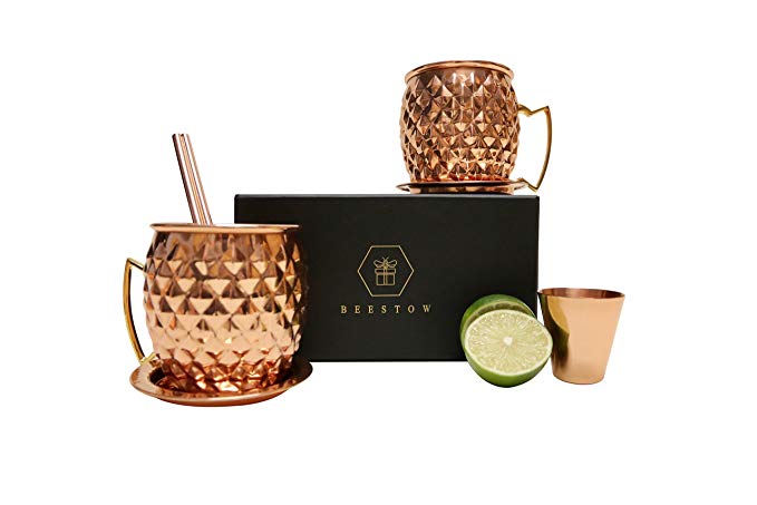 100% Copper Moscow Mule Mug Gift Set Summer Vibes Edition - Mugs, Coasters, Straws, Shot Glass