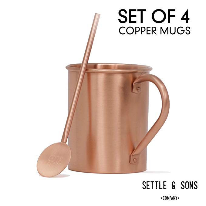 Moscow Mule Copper Mugs Set of 4 - 16 Ounce 100% Solid Copper Mugs and 4 Copper Cocktail Straws