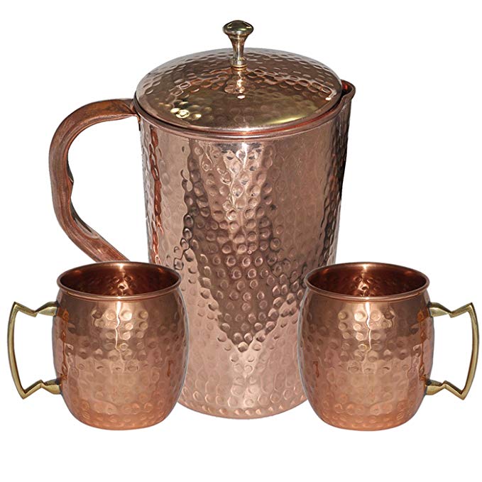 DakshCraft High Quality Pure Copper Jug With 2 Pure Copper Hammered Moscow Mule Mug Set