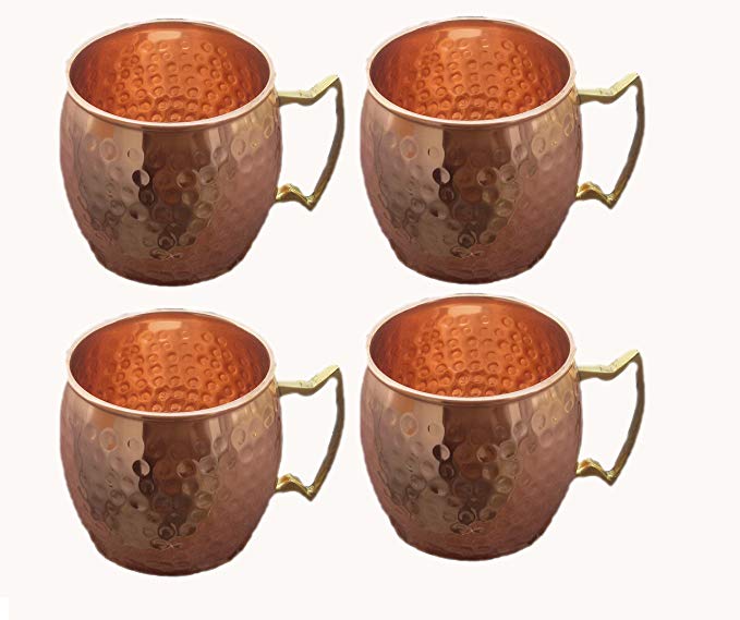 STREET CRAFT Large Pure Copper Mugs Hand Hammered Copper Moscow Mule Mug of 100% Pure Copper Brass Handle Hammered Moscow Mule Mugs Cups Size 24 Ounce Set of 4