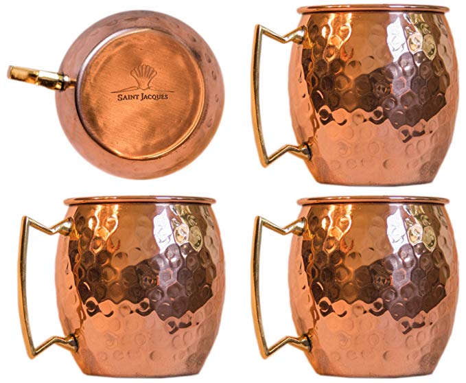 Moscow Mule 100 % Solid Pure Copper Mug /Cup (16-ounce/set of 4, Hammered, Nickel Lined)- Saint Jacques