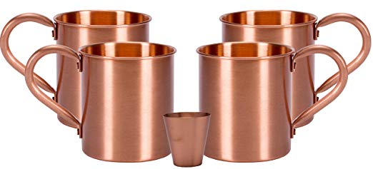 Melange 24 Oz Copper Classic Mug for Moscow Mules, Set of 4 with One Shot Glass - Heavy Gauge - No lining - includes FREE Recipe card