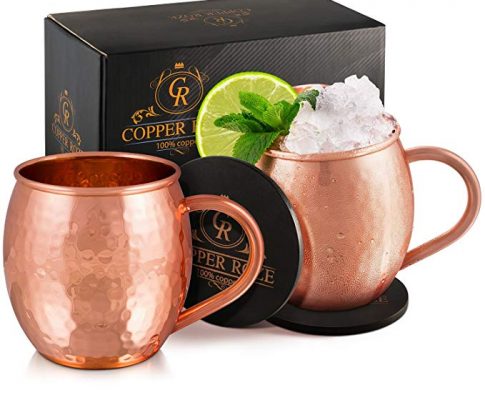 Copper Roze Moscow Mule Copper Mugs by KoolBrew Gift Set of 2 Copper Mule Mugs and 2 Coasters, 100% Pure Solid Copper Cups with Hammered Finish Review