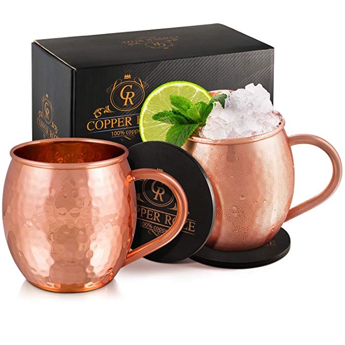 Copper Roze Moscow Mule Copper Mugs by KoolBrew Gift Set of 2 Copper Mule Mugs and 2 Coasters, 100% Pure Solid Copper Cups with Hammered Finish