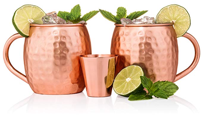 ....Hingston & Thomas Copper Moscow Mule Mugs with Copper Shot Glass, 16 Oz, Set of 2