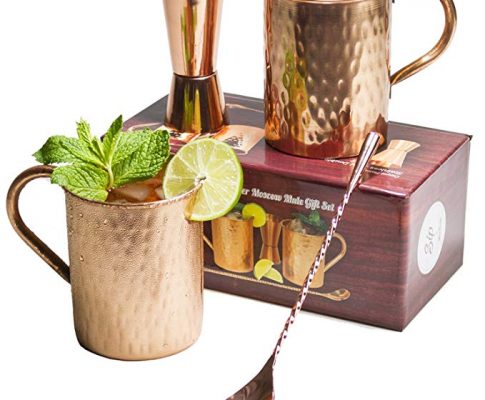 [Gift Set] Moscow Mule Copper Mugs 100% Pure Copper (No Nickel Interior) Moscow Mule Gift Set Includes Two 16 Oz. Pure Copper Hammered Mugs – Double Sided Copper Shot Pourer – Copper Stir Spoon Review