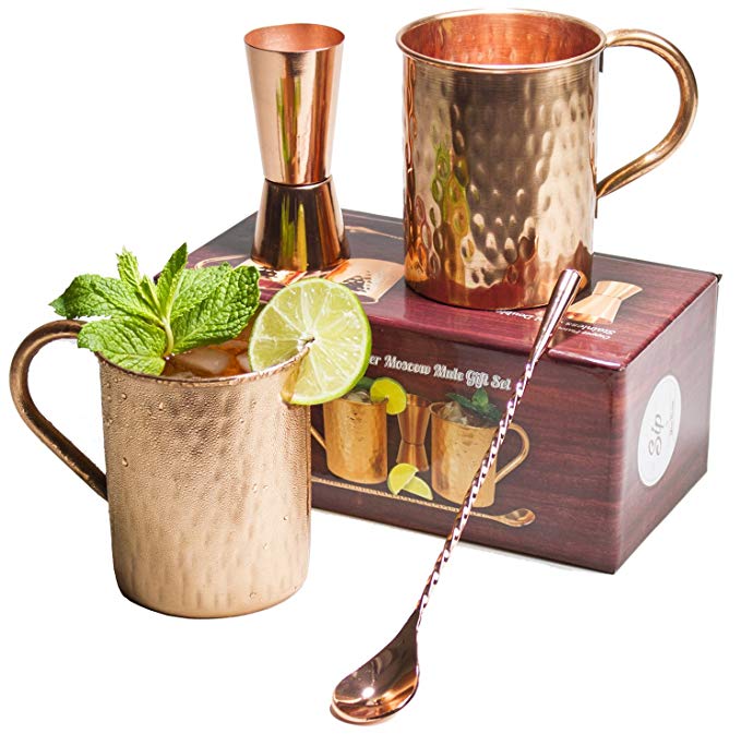 [Gift Set] Moscow Mule Copper Mugs 100% Pure Copper (No Nickel Interior) Moscow Mule Gift Set Includes Two 16 Oz. Pure Copper Hammered Mugs – Double Sided Copper Shot Pourer – Copper Stir Spoon