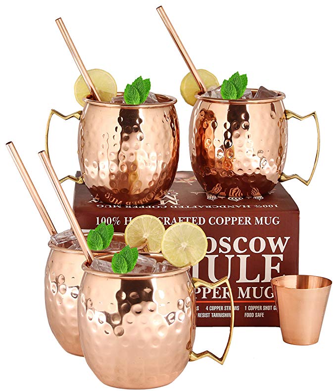 Moscow Mule Copper Mugs - Set of 4-100% HANDCRAFTED Food Safe Pure Solid Copper Mugs - 16 oz Gift Set with BONUS: Highest Quality 4 Cocktail Copper Straws and 1 Shot Glass with Recipe Booklet!