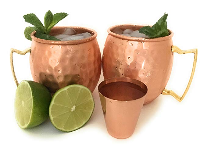 Official Moscow Mule Copper Mug Gift Set by Sterling Chef with Pure Copper 16 Ounce Mugs Plus Shot Glass in Hand Hammered Copper - Gift Set of 2 Cups