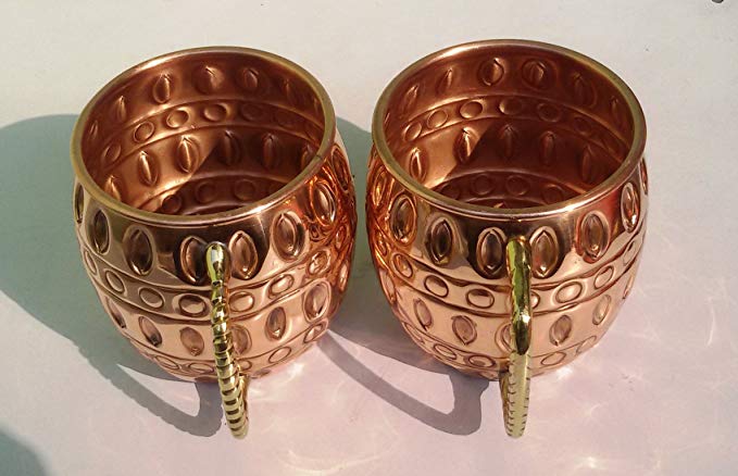 Maithil Art Old Fashion Barrel Copper Moscow Mule Mug Handmade Of 100% Pure Copper, Diamond Design Moscow Mule Mug / Cup 16 Oz.Set of-2, Diamond Design Pipe Handle Mug.