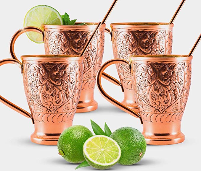 Moscow Mule Pure Copper Mugs | Stunning Embossed Gift Set of 4 Copper Cups | Bonus Copper Straws for Cocktails & Russian Mules | Kamojo Exclusive (set of 4)