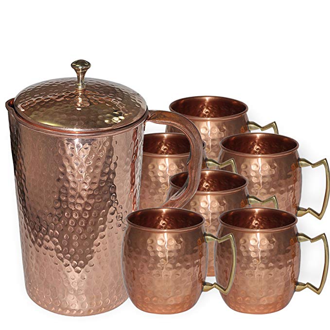 DakshCraft ® High Quality Pure Copper Jug With 6 Pure Copper Hammered Moscow Mule Mug Set