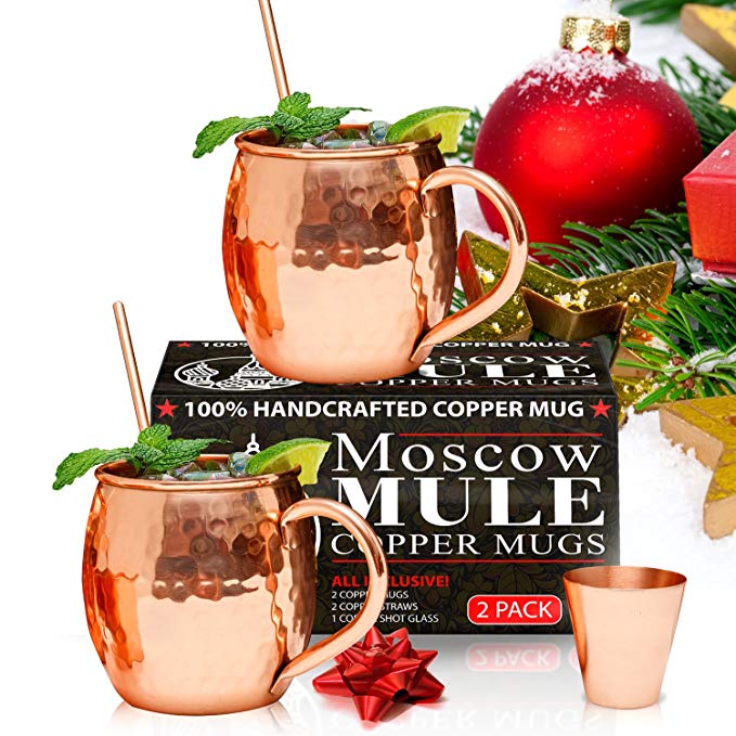 Benicci Moscow Mule Copper Mugs - 100% HANDCRAFTED - Food Safe Pure Solid Unlined Copper Mug 16 oz Gift Set with BONUS: Highest Quality Cocktail Copper Straws, Shot Glass and Spoon (Set of 2)