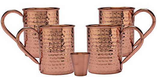 Melange 24 Oz Copper Classic Mug for Moscow Mules, Set of 4 with One Shot Glass - 100% Pure Hammered Copper - Heavy Gauge - No lining - includes FREE Recipe card