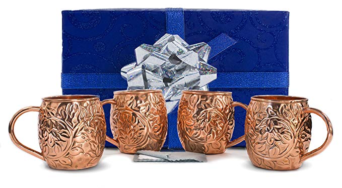 MOSCOW MULE 100% PURE SOLID COPPER MUG SET - Original & Authentic Hammered Design – Available In Sets of 2 or 4 - 16 Ounce 473 ml. Includes Free Copper Polishing Cloth (4 Mugs)