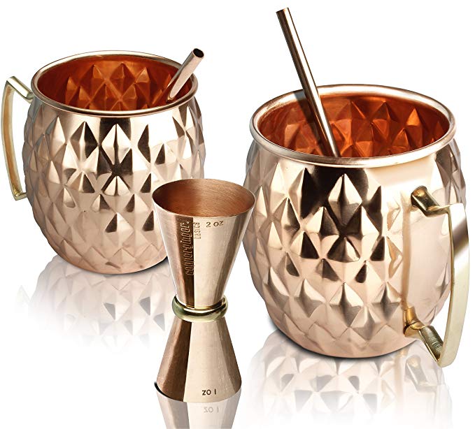 Premium Moscow Mule Copper Mugs Set of 2 (16 oz) - Superior Quality - Authentic - Handmade - Hammered - Handcrafted - 100% Pure Solid Copper Mugs Gift Set - Bonus: 1 Copper Jigger + 2 Copper Straws