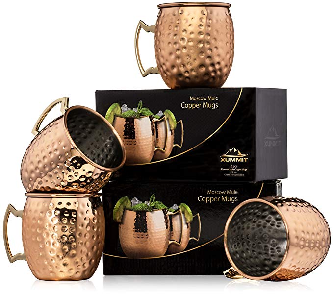 Xummit Stunning Hammered Moscow Mule Copper Mug / Cup with Golden-Hued Handle – 18 Oz (Set of 4)