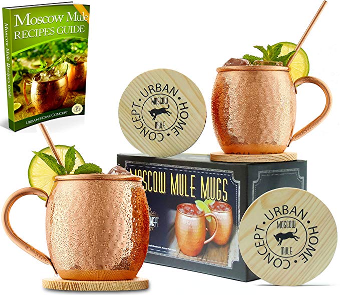 Moscow Mule Gift Set - Mule Mugs Made of 100% Pure Copper - Moscow Mule Mug Set INCLUDES Copper Straws, Coasters, & Moscow Mule Recipe EBook - Copper Cups Make Great Gifts