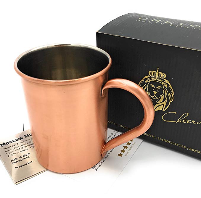 Cretoni Pure Copper Moscow Mule Mug Handcrafted with Nickel Lining - Use as Copper Tumbler, Mint Julep Cup, Coffee Mug, Ice Cream Cup, Fries Bowl, Copper Cup for Cold Beverage - Smooth Straight Style