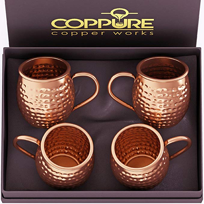 COPPure Moscow Mule Copper Mugs Set of 4 - Pure 100% Solid Hammered, Unlined Copper Cups For Icy Cold Cocktails - Recipes Included - Makes A Perfect Gift