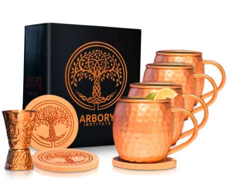 Arbory Institute Copper Moscow Mule Mugs Set of 4 - Large 16 oz Hammered Mug – Bonus Kit Includes 4 Coasters and Jigger – Nickel Lined and Food Safe – Large Gift Set for Men and Women