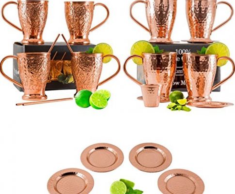 Moscow Mule Copper Mugs Party Pack. Includes Free Pure Copper Coasters, Straws & Shot Glass. Gift Set by Kamojo Review