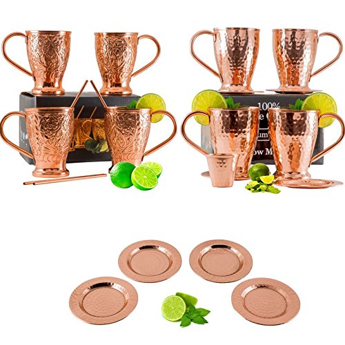 Moscow Mule Copper Mugs Party Pack. Includes Free Pure Copper Coasters, Straws & Shot Glass. Gift Set by Kamojo