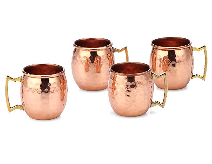 PARIJAT HANDICRAFT 2 Oz. Solid Copper Mini Moscow Mule Shot Mug, Set of 4 Authentic 100% Solid Copper Hammered Moscow Mule Mug 2-Oz Shot Glass - Set of 4