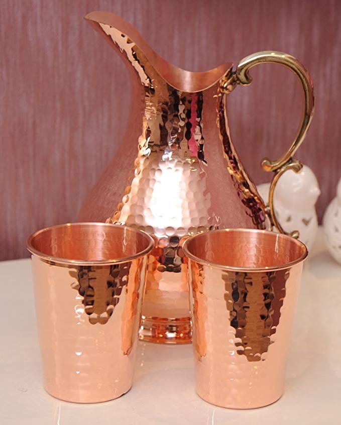 *NEW* CopperBull Heavy Gauge 100% Pure Solid Hammered Copper Moscow Mule Water Pitcher,70 fl. Oz. - Lidless with 2 Cups