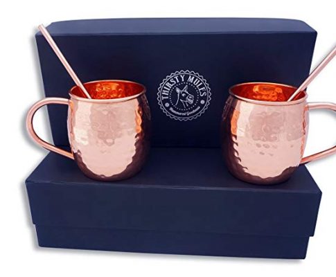 Thirsty Mules Moscow Mule Copper Mugs Hammered Copper Mugs with Gift Box and Copper Stir Straws, 20 oz, Large Review