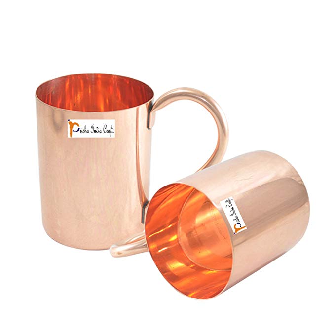 Prisha 100% Pure Copper Mugs for Cocktails/Handmade Leak Proof Copper Vessel with Lacquered Finish for Drinking Water/ Joint Free Moscow Mules with Ayurvedic Health Benefits, 18 Ounce, Set of 2