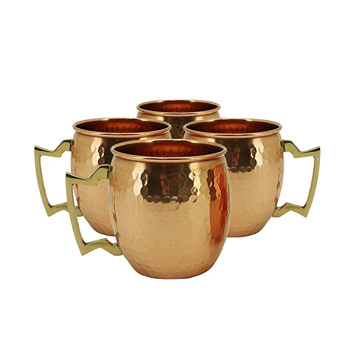 Hammered Copper Moscow Mule Mug Handmade of 100% Pure Copper, Nickel Lined, Brass Handle Hammered Moscow Mule Mug / Cup 16 Ounce,set Of-4,