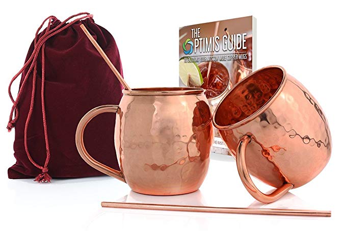 Moscow Mule Copper Mugs (16 oz), Set of 2. 100% Copper Cups are Great for Beer, Water, any Cold Drink. Includes Copper Straws, Bags, and a Recipe eBook with Care Instructions & More