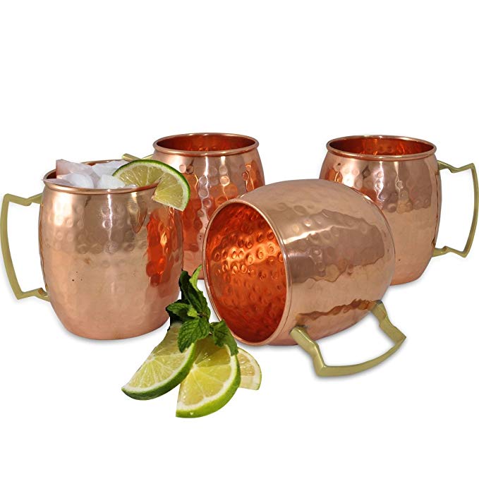 Set of 4 Hammered Copper Mug for Moscow Mules 16 Ounce Pure Copper by Prisha India Craft With Ice Tongs