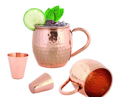 Set of 2 Moscow Mule Copper Mugs 16 OZ – Two Copper Shot Glass Included – 100% Solid Pure Copper Hammered Barrel Cup Mug with No Inner Lining by Foodie Aid Review