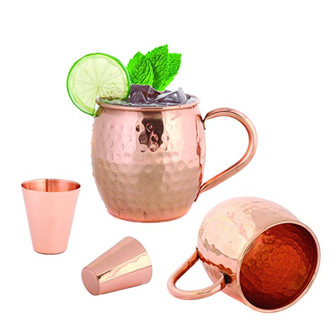 Set of 2 Moscow Mule Copper Mugs 16 OZ - Two Copper Shot Glass Included - 100% Solid Pure Copper Hammered Barrel Cup Mug with No Inner Lining by Foodie Aid