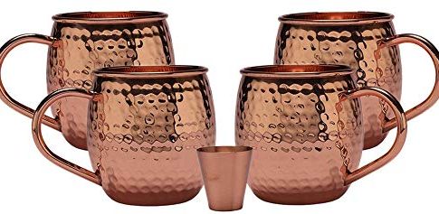 Melange 20 Oz Copper Barrel Mug for Moscow Mules, Set of 4 with One Shot Glass – 100% Pure Hammered Copper – Heavy Gauge – No lining – includes FREE Recipe card Review