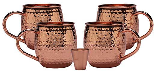 Melange 20 Oz Copper Barrel Mug for Moscow Mules, Set of 4 with One Shot Glass - 100% Pure Hammered Copper - Heavy Gauge - No lining - includes FREE Recipe card