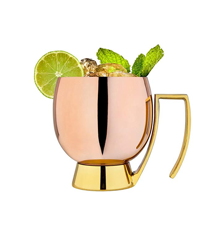 Godinger Mosow Mule Pure Solid Premium Copper 16 Ounce Drinking Mug Gold Handled. Best for Cocktails & Beer.