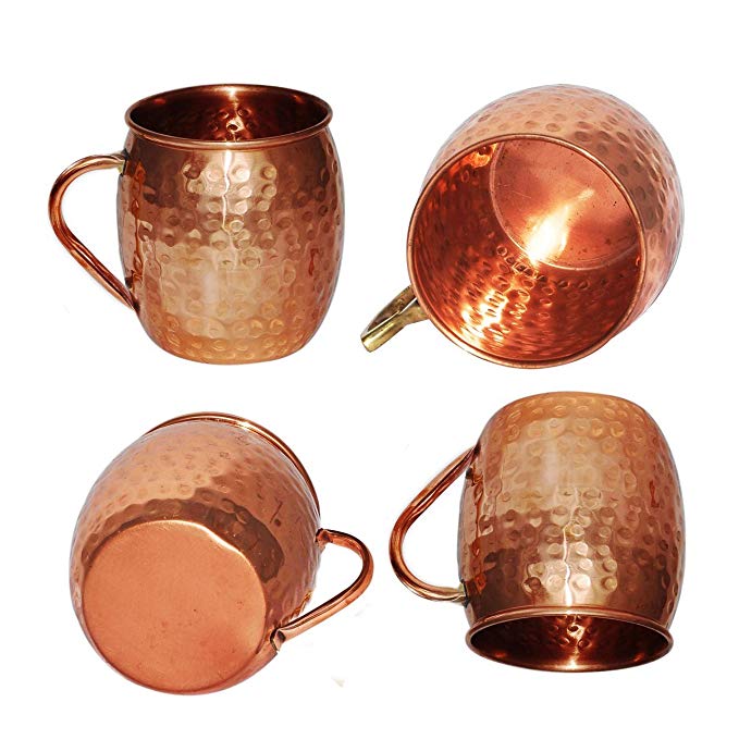 Set of 4 Moscow Mule Mug - 100% Pure Solid Copper Mugs, 16 oz Unlined, No Nickel Interior, Handcrafted Hammered Copper Cups