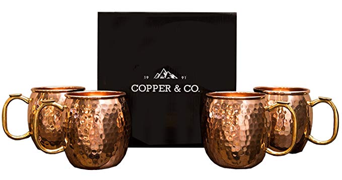 Hammered Moscow Mule Copper Mug Set by Copper & Co.- Premium Barware with 100% Pure Solid Copper (Set of 4)