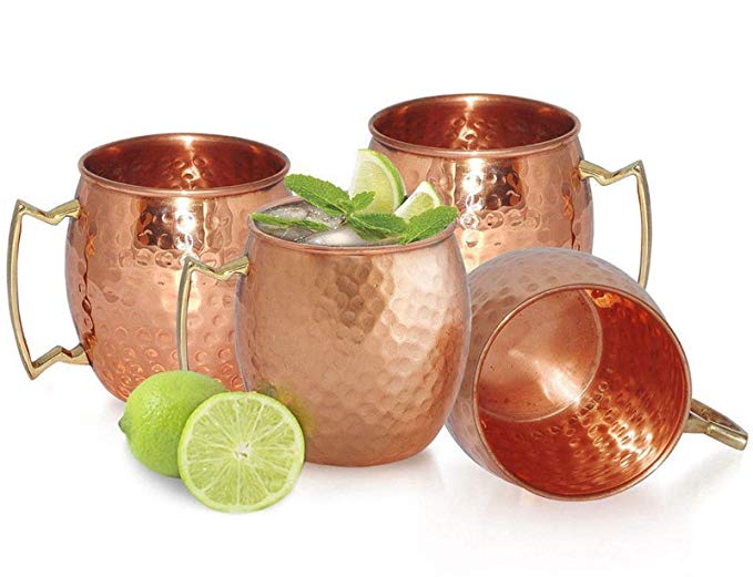 Chef's Star Set of 4 Handmade Hammered Copper Moscow Mule Mug - 100% Pure Copper with Brass Handle - Hammered Moscow Mule Mug Cup