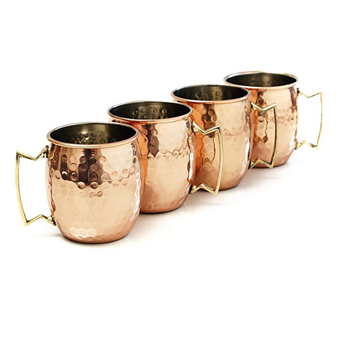 Copper Moscow Mule Mug Handmade of 100% Pure Copper, Nickel Lined, Brass Handle Hammered Moscow Mule Mug Set of 4