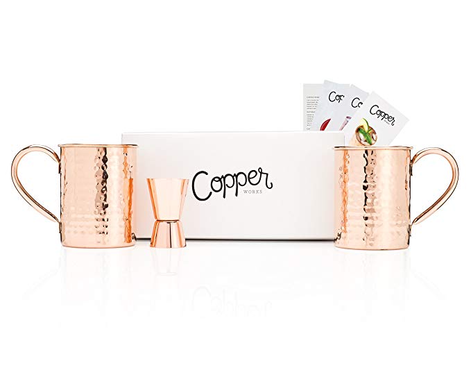 Set of 2 Solid Copper Moscow Mule Mugs - Two 16oz Hammered 100% Copper Moscow Mule Mugs with No Inner Lining - Includes Bonus Cocktail Recipe Cards and Double Jigger