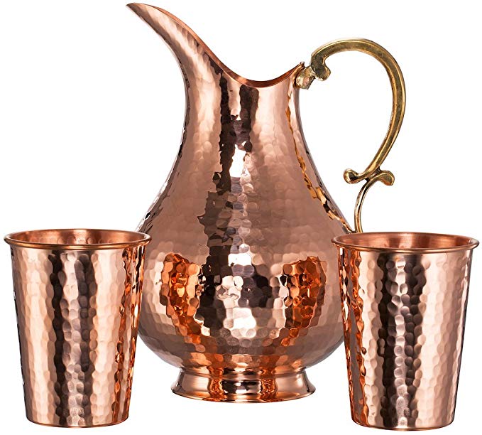 CopperBull Thickest Heaviest Hammered 1 mm Copper Tumbler Cup Mug Set with Pitcher for Water Moscow Mule Ayurvedic Healing (Pitcher&2Tumblers)