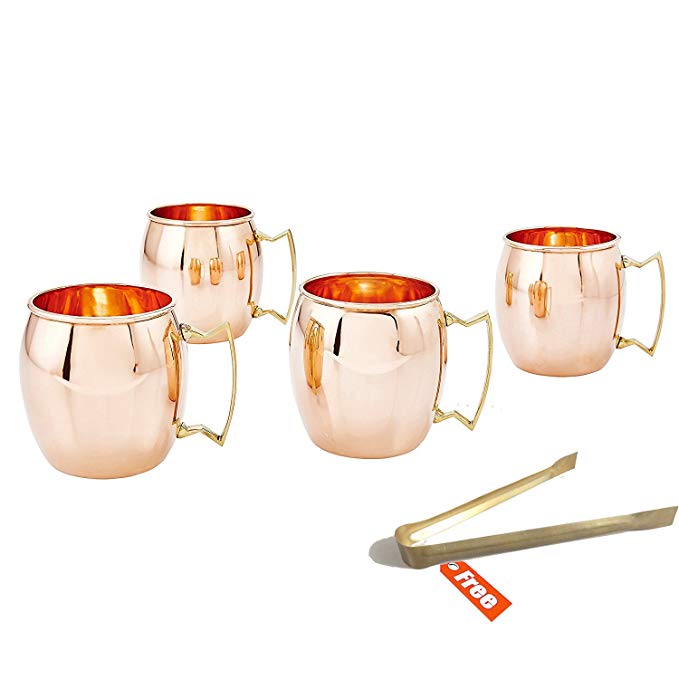 Set of 4 Mugs - 16 Oz Capacity - 100% Pure Copper Barware - Novelty Copper Drinkware Cups for Mules, Beer, Camping, Water - Authentic Moscow Mule Mugs with No Inner Lining or Lacquer Finish and Lifetime Guarantee