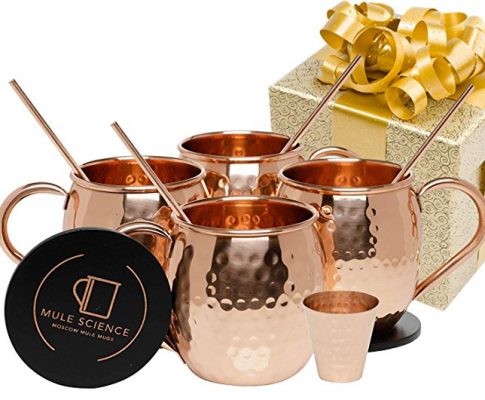 Mule Science Moscow Mule Copper Mugs – Set of 4 – 100% HANDCRAFTED – Pure Solid Copper Mugs 16 oz Gift Set with BONUS: Highest Quality Cocktail Copper Straws, Coasters and Shot Glass! Review