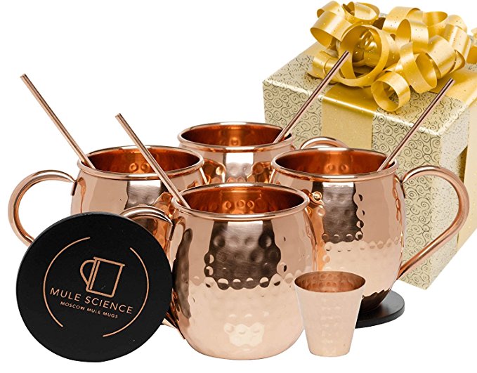 Mule Science Moscow Mule Copper Mugs - Set of 4 - 100% HANDCRAFTED - Pure Solid Copper Mugs 16 oz Gift Set with BONUS: Highest Quality Cocktail Copper Straws, Coasters and Shot Glass!