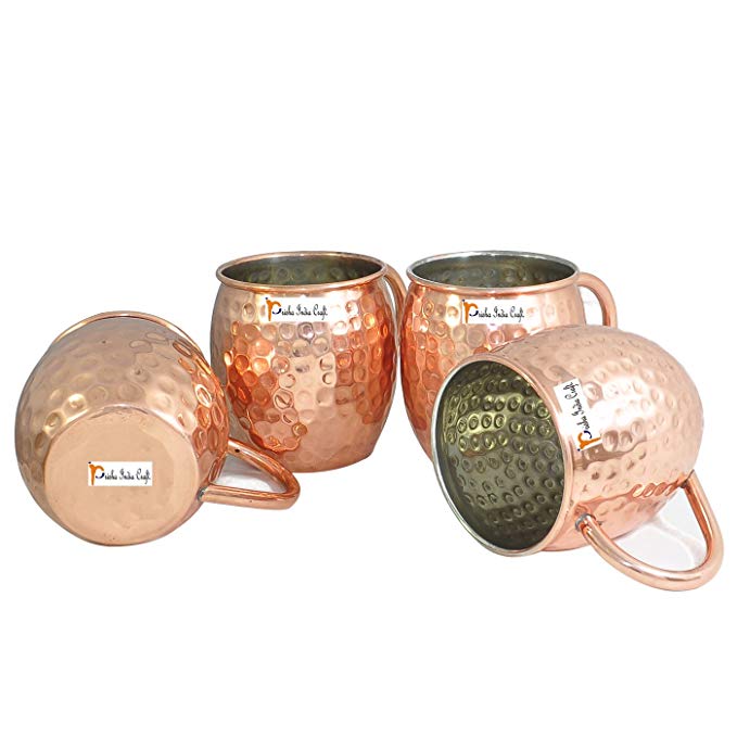 Set of 4 - Prisha India Craft ® Copper Barrel Mug Hammered for Moscow Mules 520 ML / 17 oz Inside Nickel Outside Copper Mule Cup, Moscow Mule Cocktail Cup, Cocktail Mugs with INNER LININGS COPPER MUG